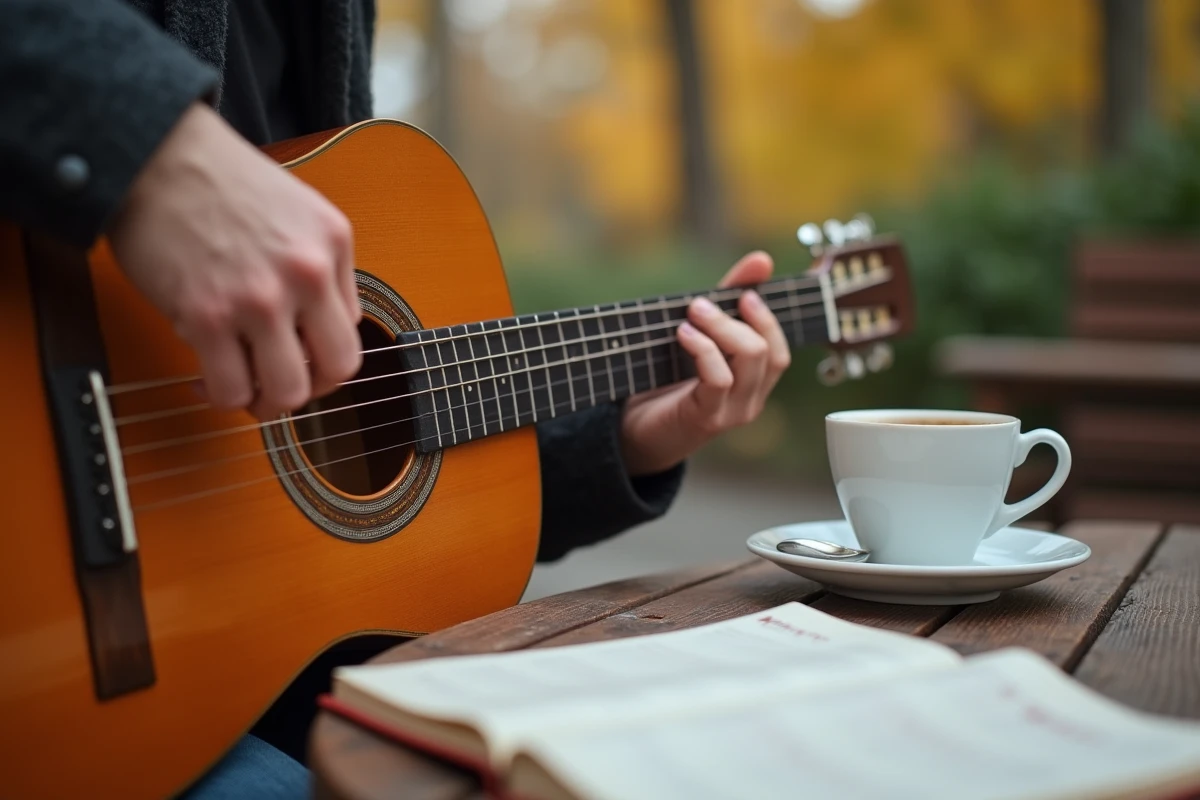 Gros plan de mains formant un accord Gm en barré sur une guitare classique posée sur une table de café en extérieur