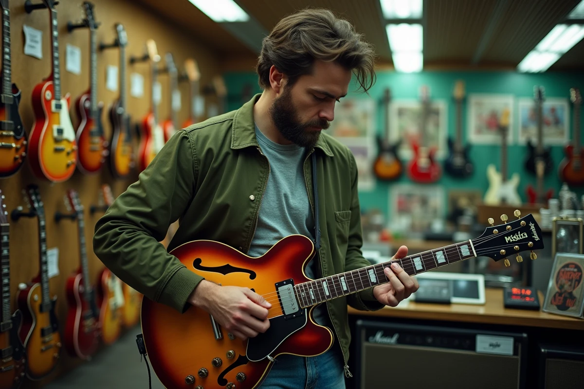 Guitariste inspectant une guitare électrique semi-hollow dans une boutique de musique indépendante
