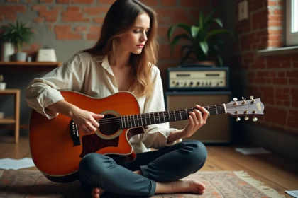 Jeune femme jouant un accord Gm sur une guitare acoustique dans un studio home recording aux murs en brique