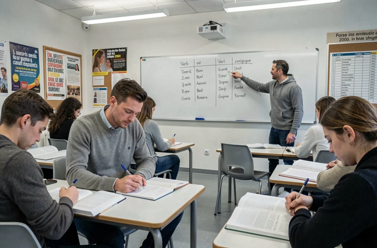 Cours de français intensif avec tableau de conjugaisons dans une salle de classe d'ACCORD Paris