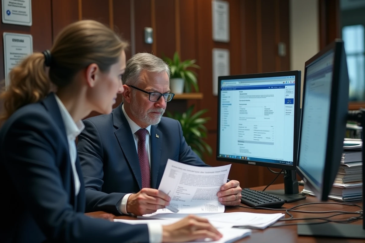 Deux administrateurs académiques comparant les accès portail arena et PIA dans un bureau de rectorat avec documents imprimés et écran informatique