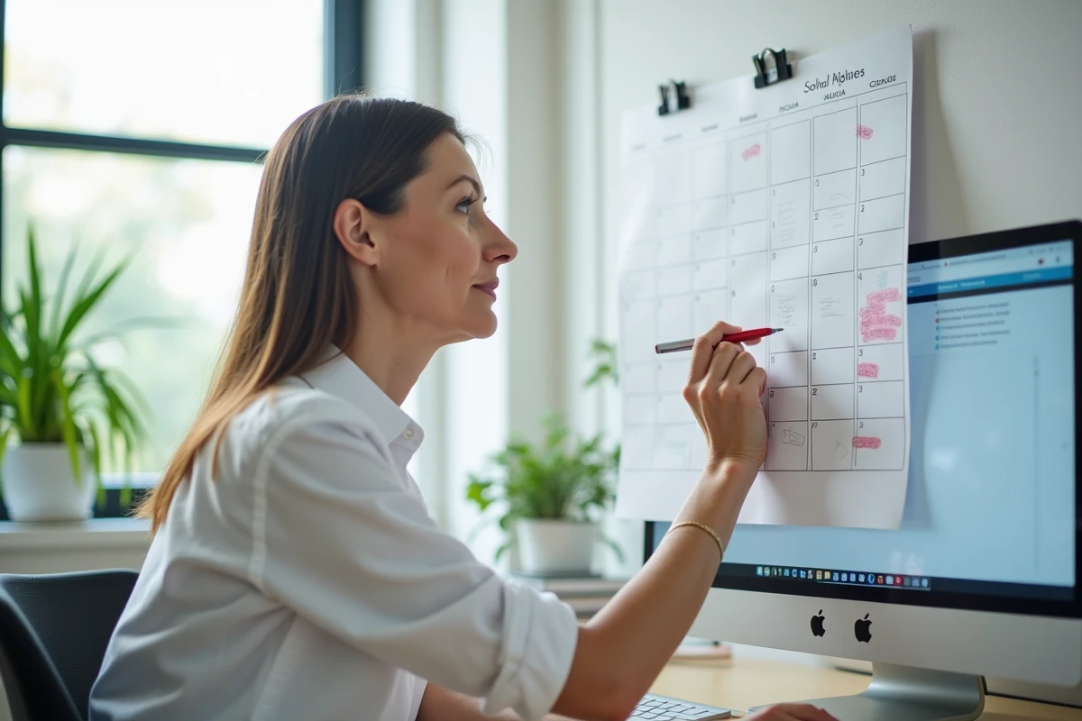 Femme administratrice marquant les dates importantes des examens sur un calendrier mural dans un bureau scolaire