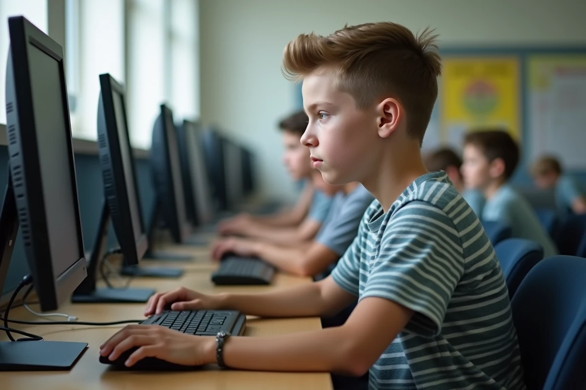 Adolescent concentré dans un laboratoire informatique scolaire
