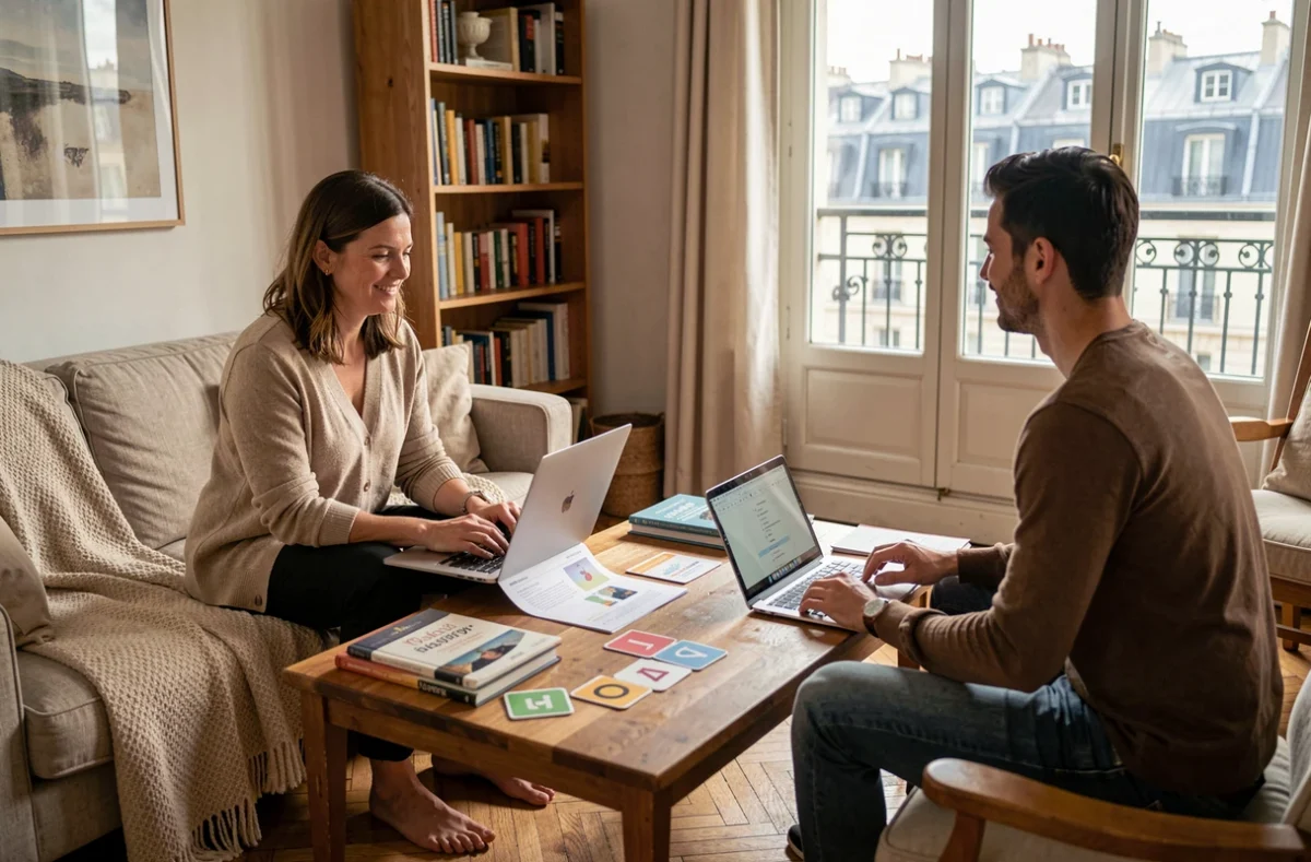 Cours de langue à domicile avec un tuteur et un étudiant adulte dans un appartement parisien avec Adomlingua