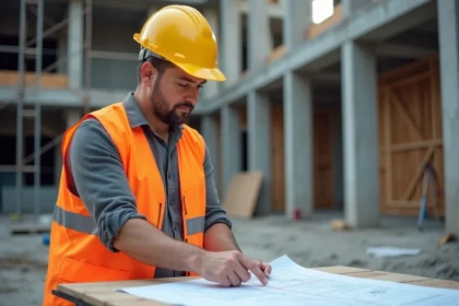Homme adulte en reconversion professionnelle dans le BTP consultant des plans sur un chantier de construction