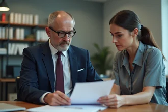 Agent public en costume expliquant un document officiel