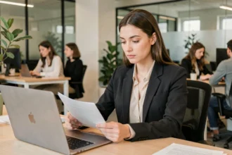 Jeune femme en alternance GIPSA travaillant sur ses documents dans un open-space professionnel moderne