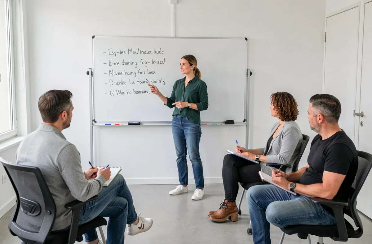 Cours d'anglais en petit groupe chez Anacours à Issy-les-Moulineaux avec professeur au tableau