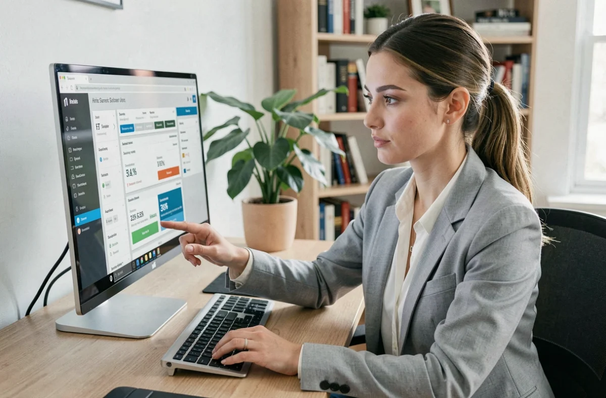 Femme analyste comparant les tarifs d'un logiciel de mailing pour formation en ligne sur son bureau professionnel