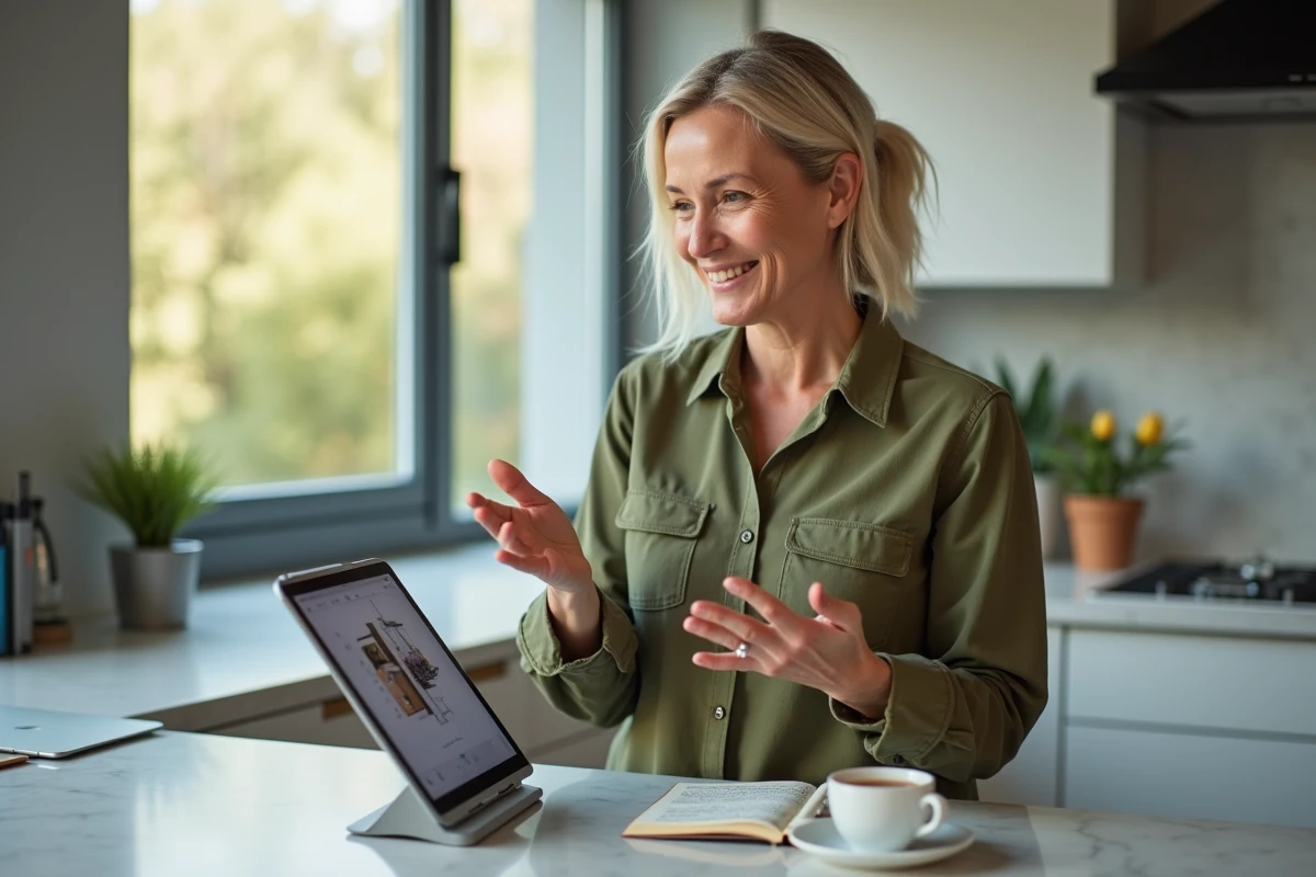 Apprenante en formation design à distance en visioconférence avec un formateur depuis chez elle