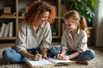 Mère et enfant pratiquant l'apprentissage alternatif à domicile dans un salon chaleureux et naturel
