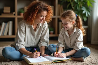 Mère et enfant pratiquant l'apprentissage alternatif à domicile dans un salon chaleureux et naturel
