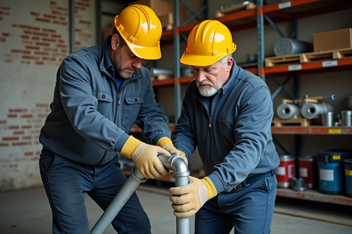 Deux adultes en reconversion réalisant un exercice pratique de plomberie dans un atelier de formation BTP