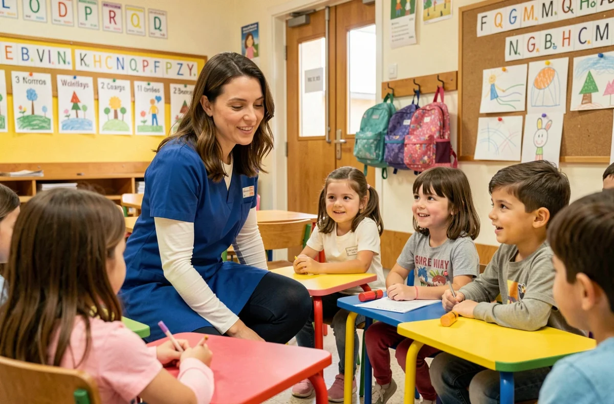 ATSEM en blouse bleue accompagnant des élèves en maternelle dans une salle de classe française