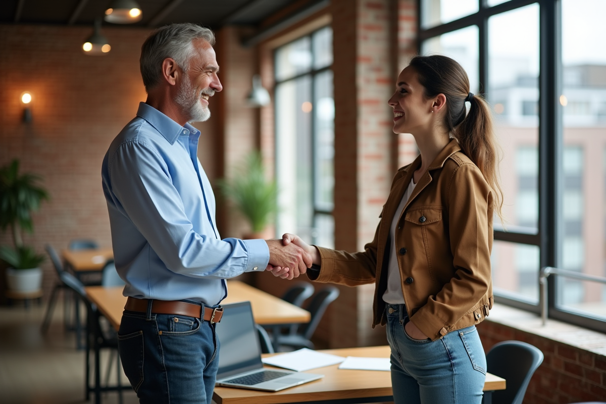 Autoentrepreneur et étudiante se serrant la main dans un coworking