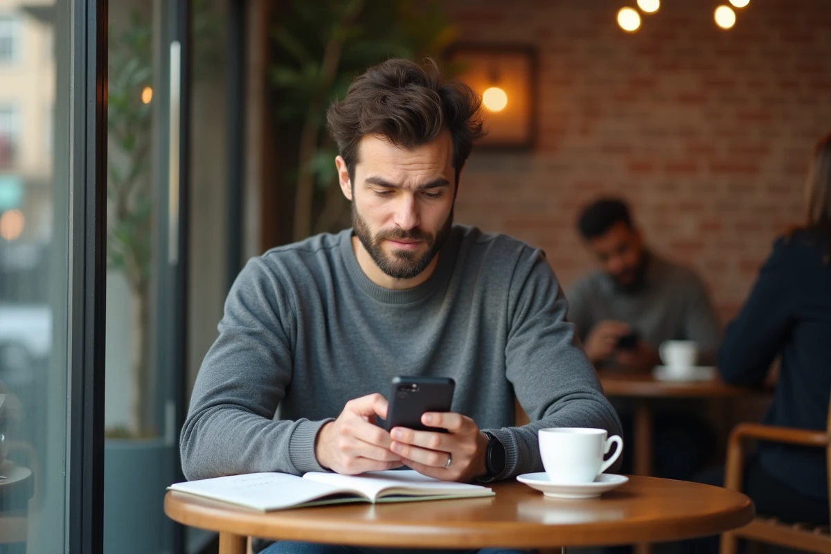 Homme consultant des avis utilisateurs sur les services IA d'une plateforme marketing dans un café urbain