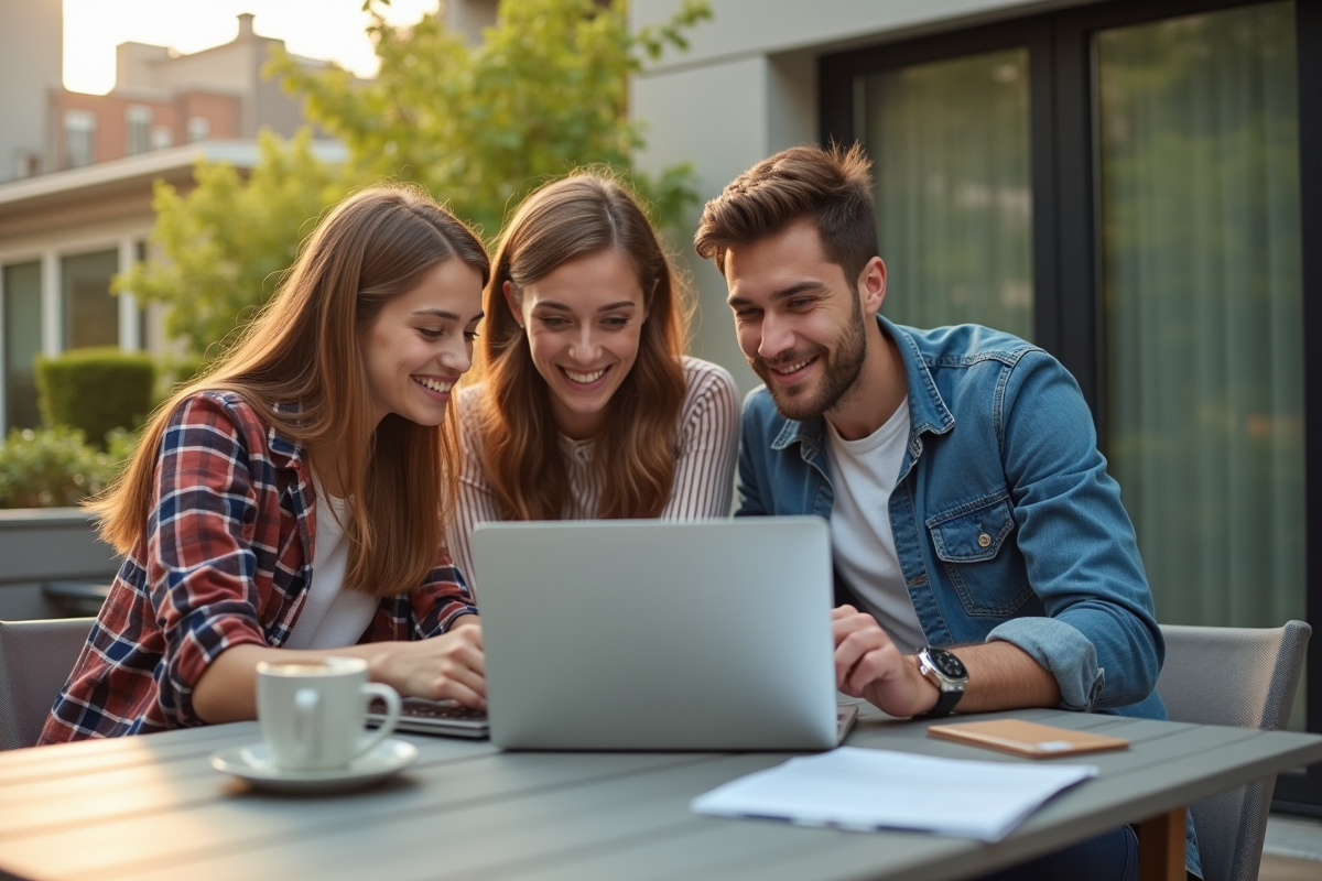 Jeunes professionnels en brainstorming sur terrasse ensoleillee