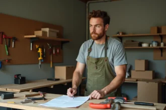 Bricoleur débutant consultant une notice de bricolage dans son atelier maison avec des outils de base posés sur un établi en bois
