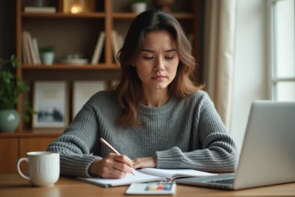 Femme écrivant dans un cahier papier à son bureau avec un ordinateur portable fermé à côté, illustrant le débat entre préparation numérique et papier
