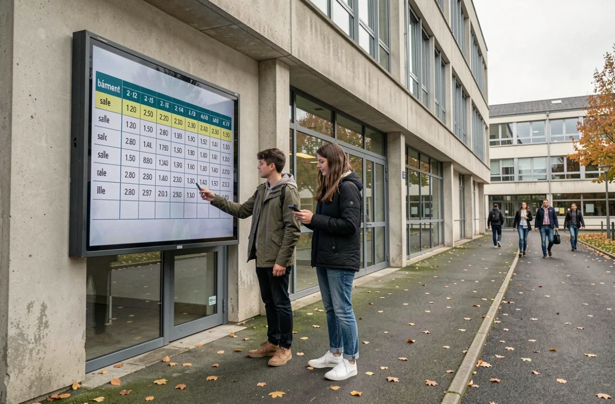 Deux étudiants consultant un tableau d'affichage numérique des emplois du temps et codes de salles sur le campus de l'UPVD