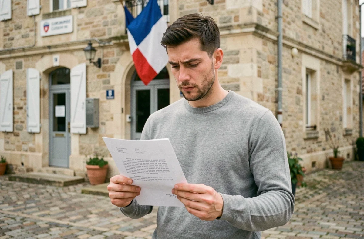 Jeune homme relisant sa lettre de motivation devant une caserne de gendarmerie française