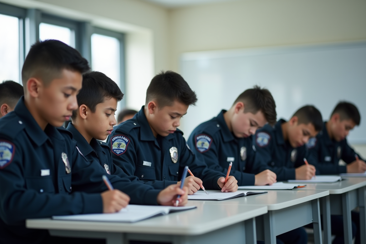 Jeunes candidats policiers en examen dans une salle lumineuse