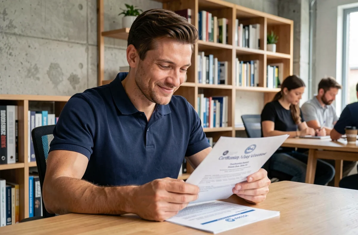 Homme consultant un document de certification professionnelle dans un espace de coworking moderne, formation BTP et CPF