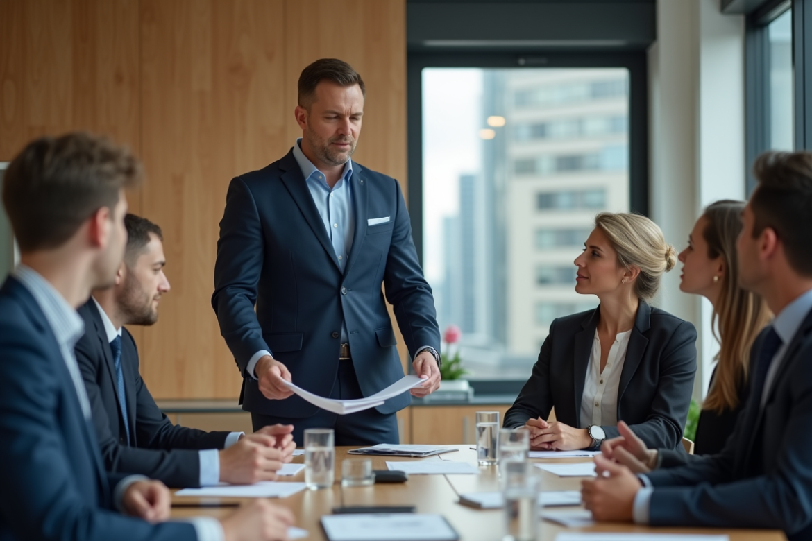 Assistant en costume navy dirige une réunion en entreprise