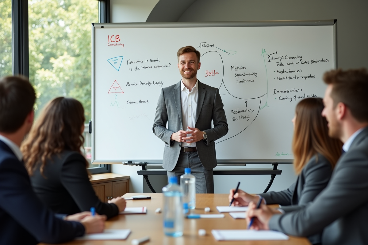 Coach en formation avec tableau blanc et participants
