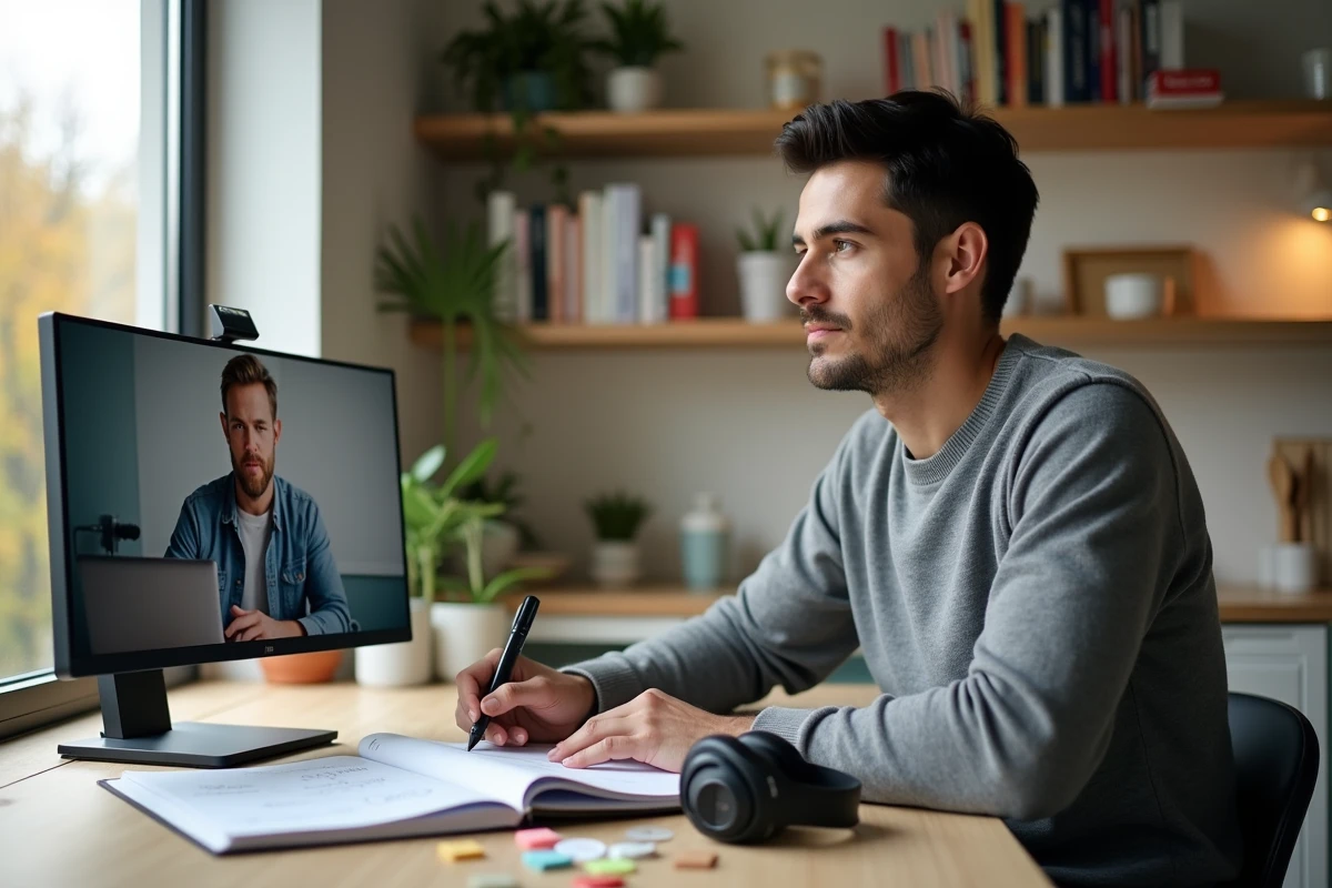 Homme en télétravail participant à une session de coaching social selling en ligne avec prise de notes stratégiques