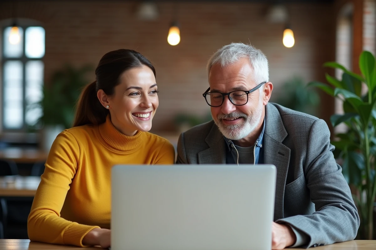 Deux collègues découvrant ensemble un nouveau service numérique sur un ordinateur portable dans un espace de coworking