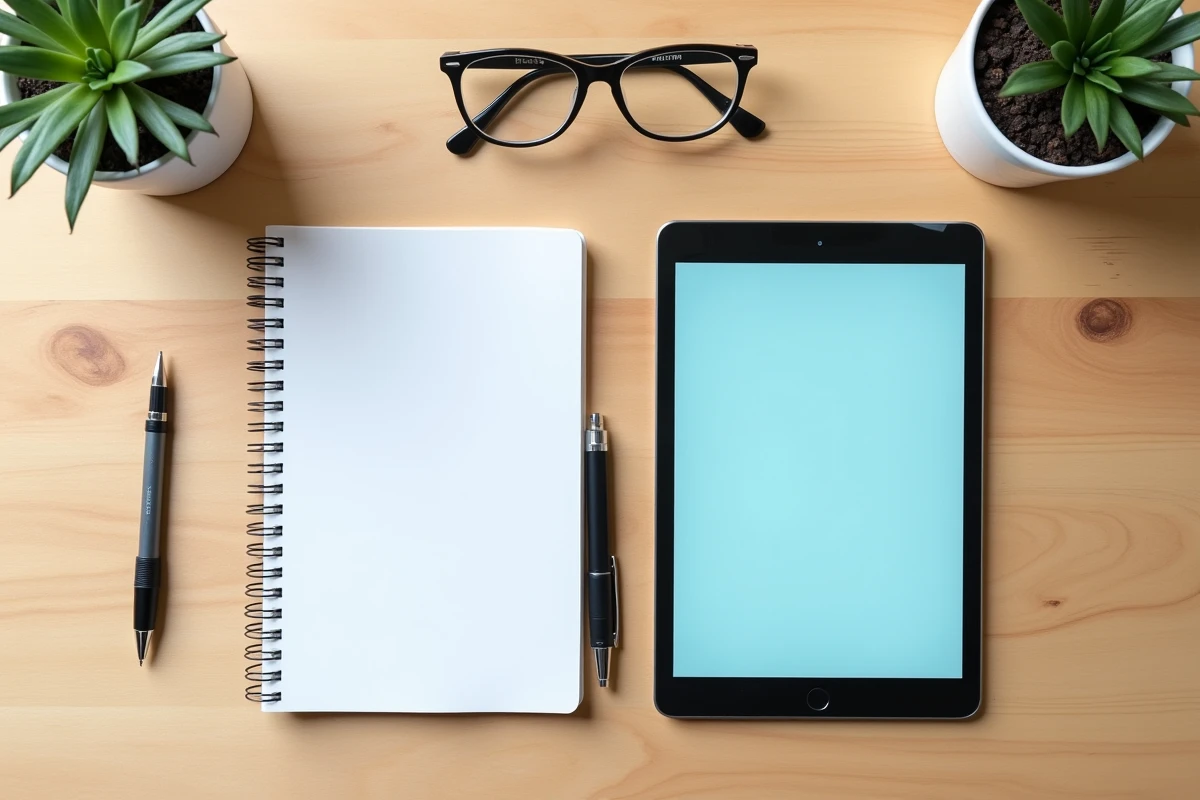 Vue de dessus d'un bureau avec un cahier papier ouvert et une tablette numérique côte à côte, comparaison visuelle entre les deux formats de préparation