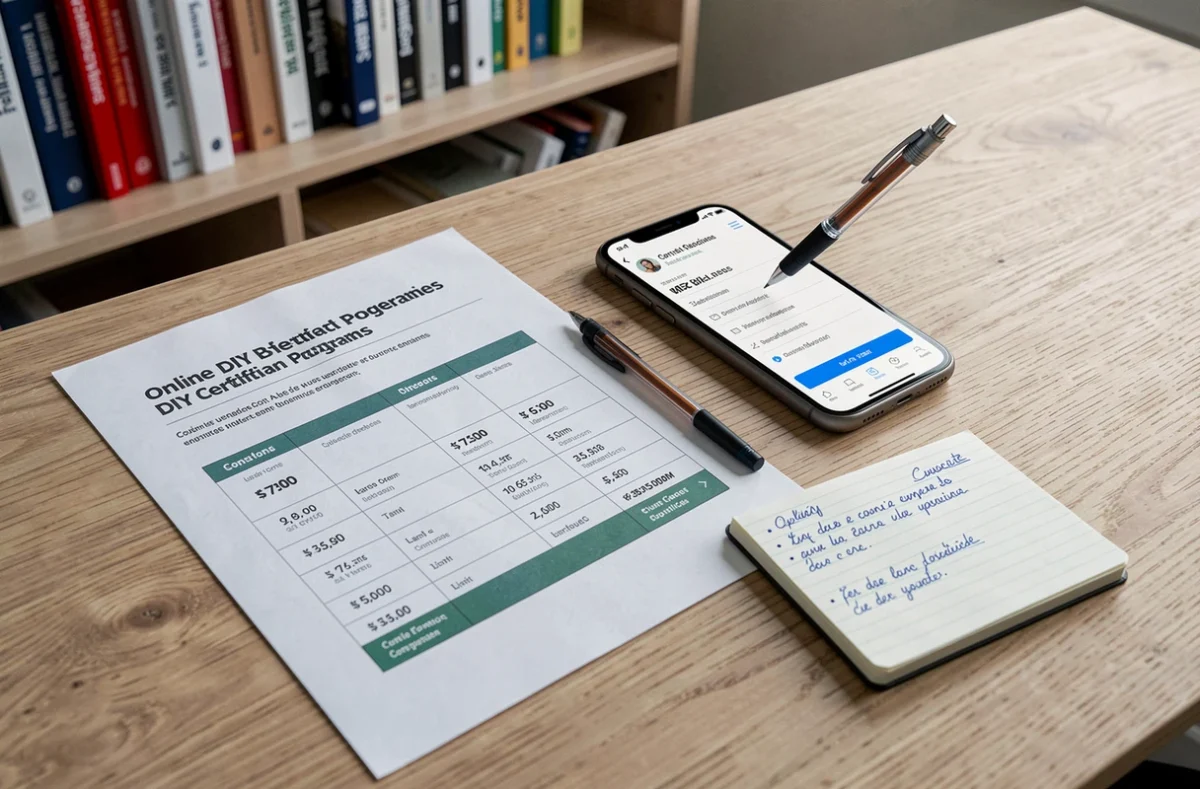 Tableau comparatif des prix de certifications Maformationbrico posé sur un bureau avec annotations manuscrites et smartphone affichant les options de modules