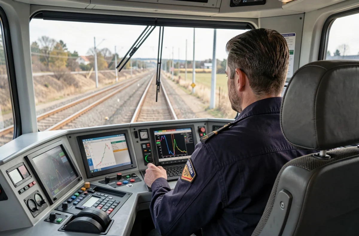 Conducteur de train dans la cabine d'une locomotive en gare
