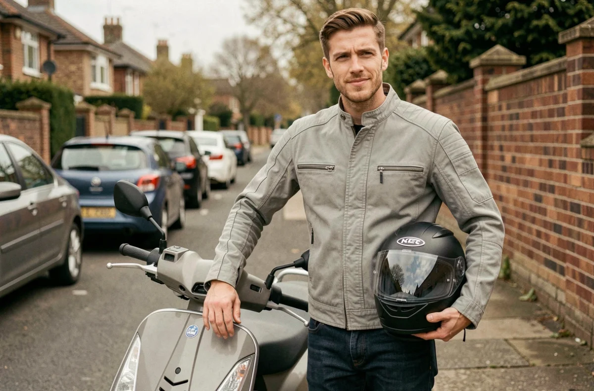 Jeune homme en veste moto tenant un casque intégral à côté d'un scooter 125cc dans une rue résidentielle