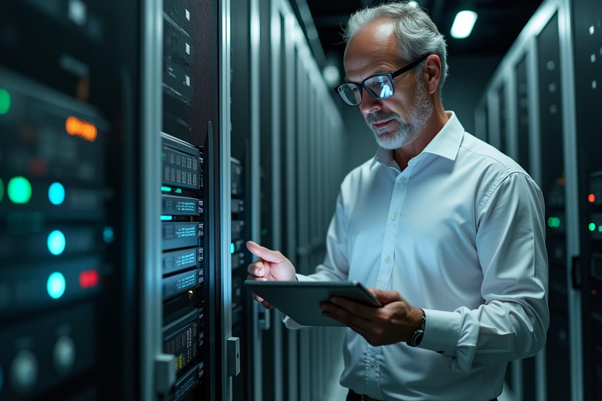 Responsable informatique supervisant la sécurité d'un serveur extranet dans une salle de données professionnelle
