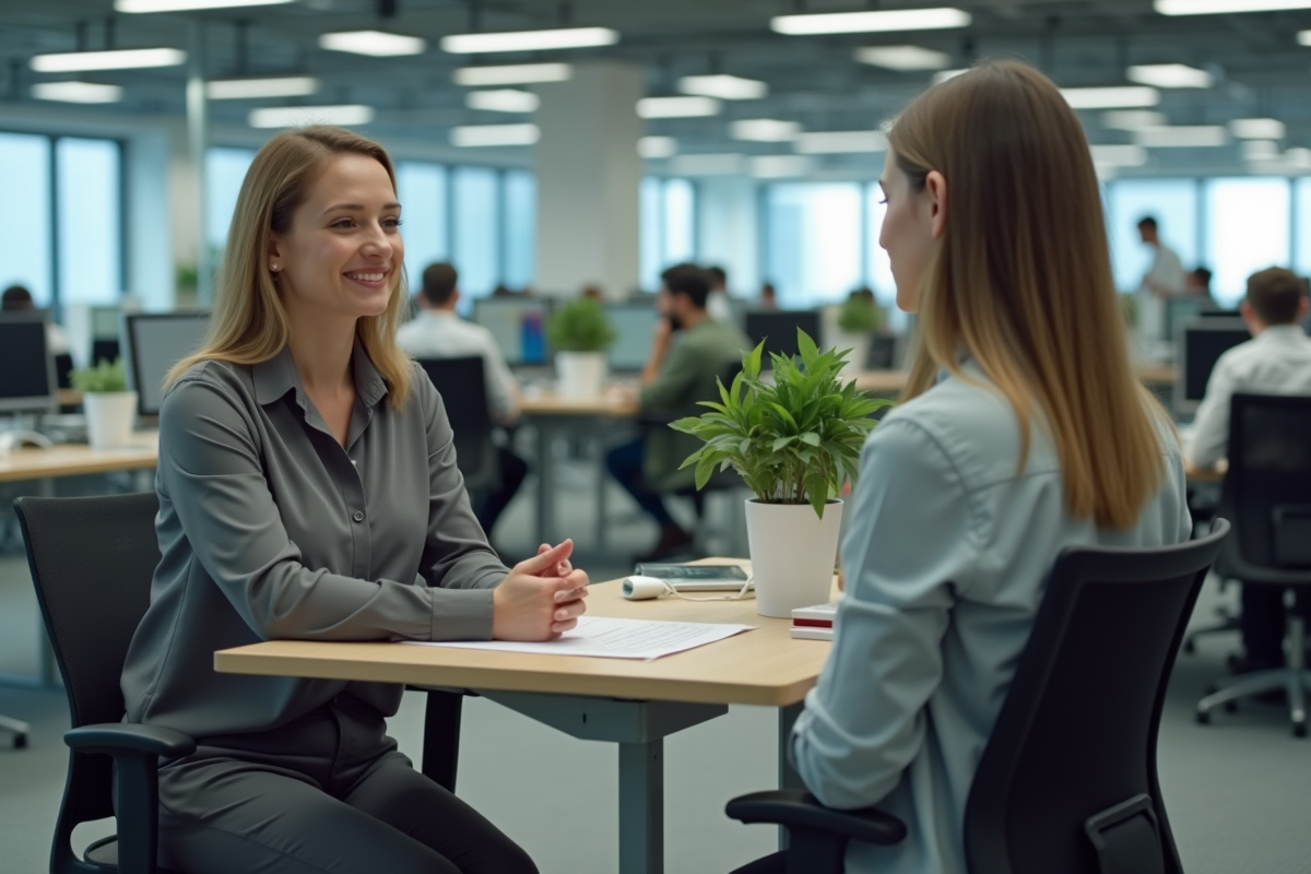 Assistante en blouse grise discute avec collègue au bureau