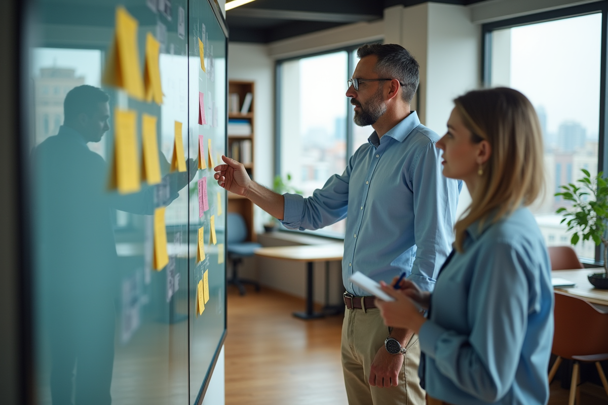 Consultant en formation expliquant des étapes aux adultes dans un bureau