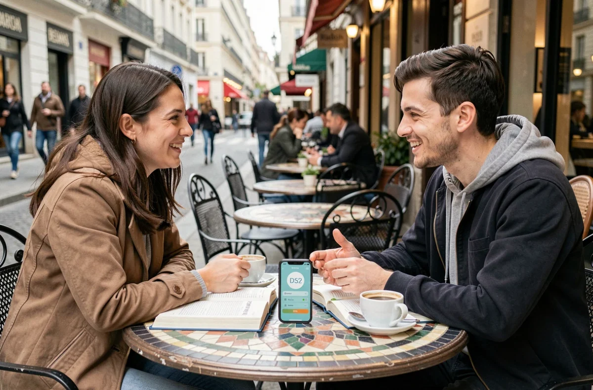 Deux personnes pratiquant la conversation en espagnol et révisant l'imparfait dans un café en terrasse