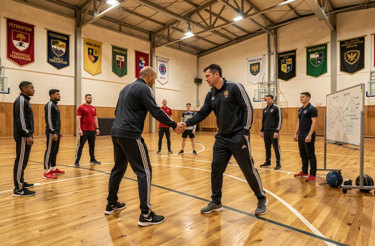 Entraîneurs du CREPS Bourgogne-Franche-Comté formant des stagiaires dans un gymnase professionnel