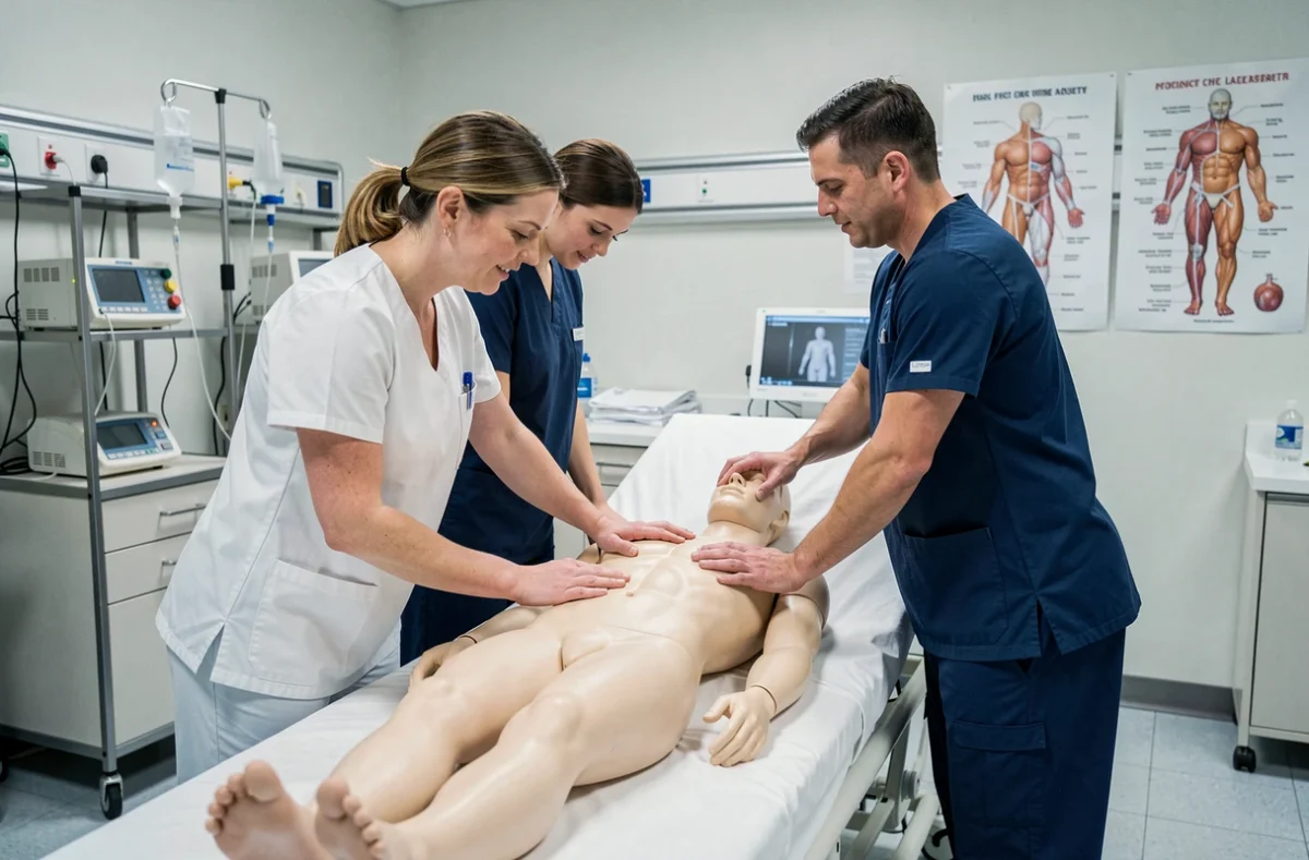 Formatrice de la Croix-Rouge Compétence BFC guidant des stagiaires lors d'une simulation de soins médicaux