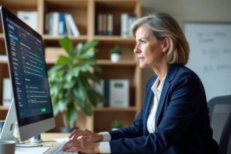 Directrice d'établissement scolaire configurant les paramètres de son ENT sur un ordinateur de bureau dans son bureau administratif