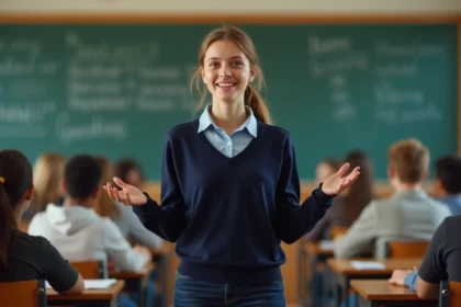 Jeune élève déléguée faisant un discours devant sa classe avec assurance et gestuelle naturelle