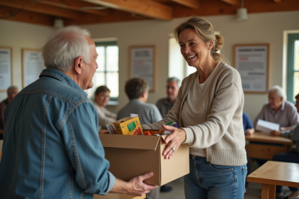 Femme donnant un panier alimentaire à un homme âgé dans un centre communautaire