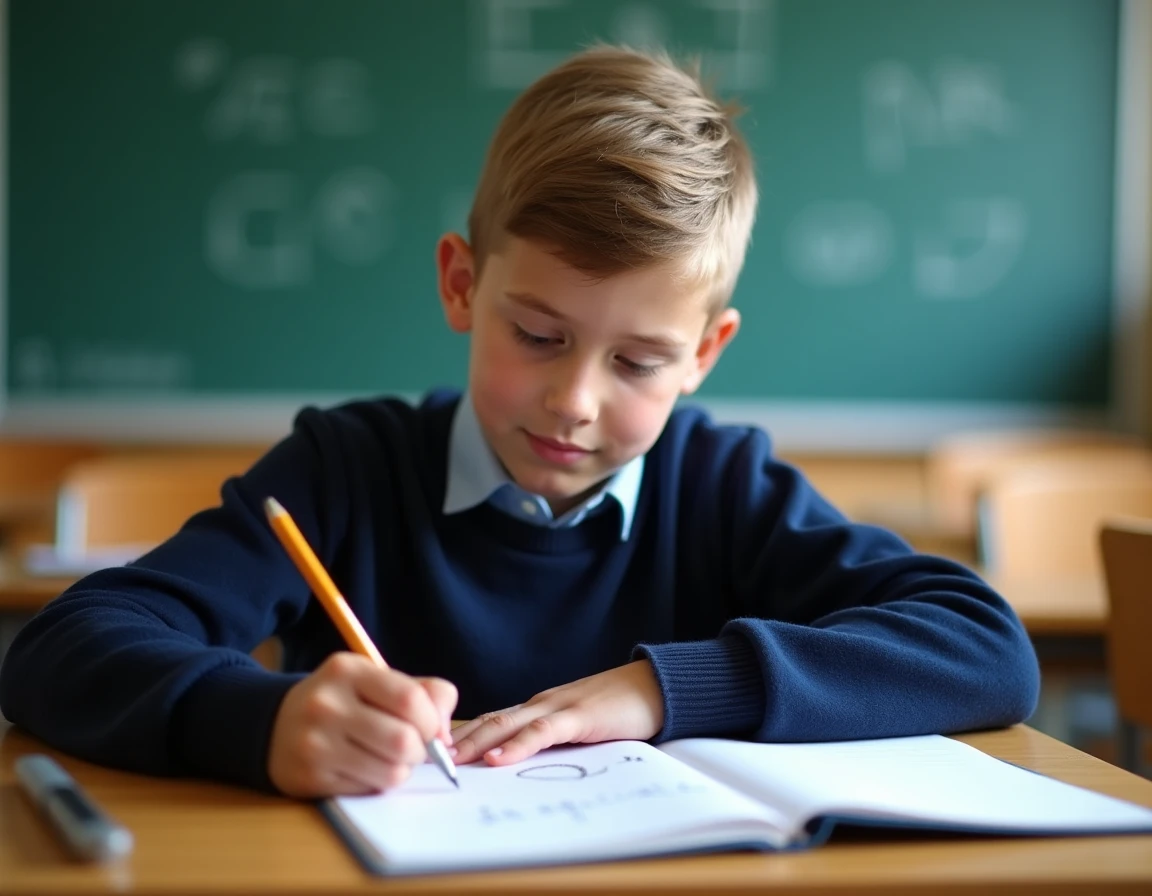 Écolier pratiquant l'écriture cursive du Q majuscule dans un cahier Séyès en salle de classe