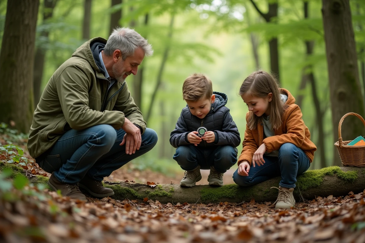Père accompagnant ses enfants dans une activité pédagogique en pleine nature dans le cadre d'une éducation alternative