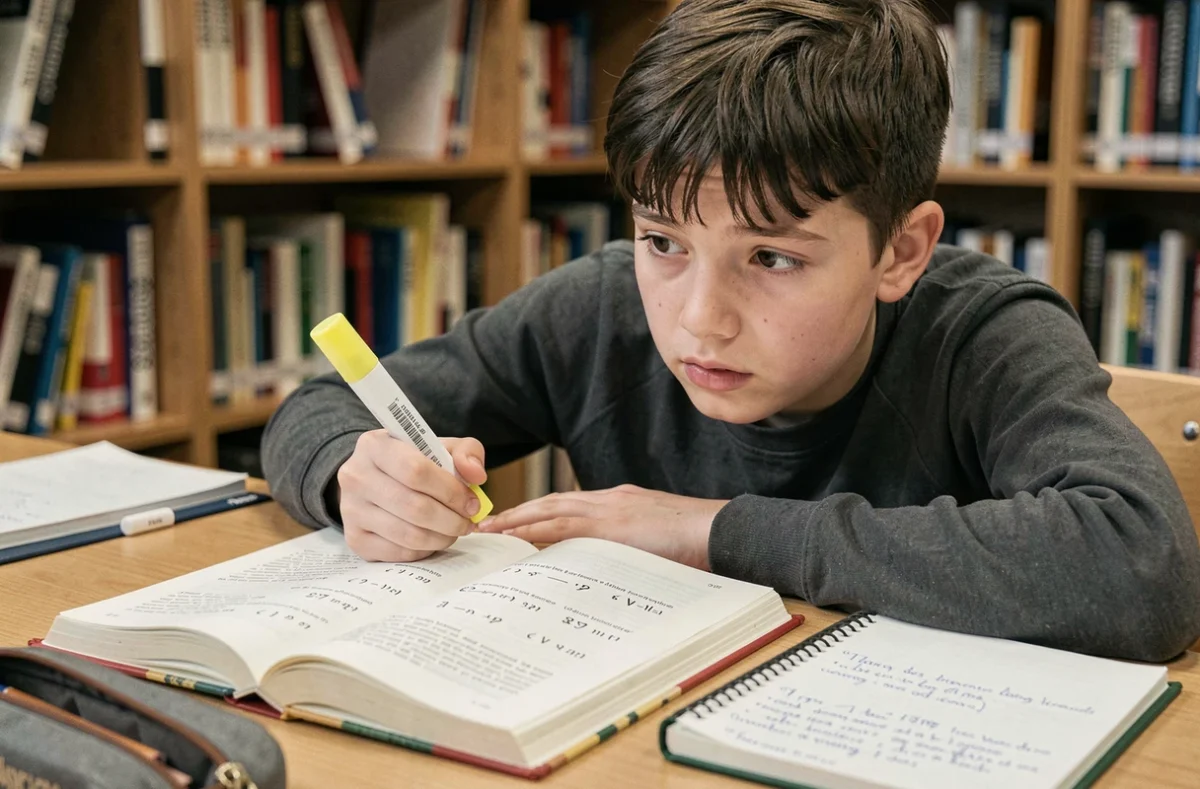 Adolescent étudiant un exercice de ponctuation sur les guillemets dans un manuel de grammaire française à la bibliothèque scolaire