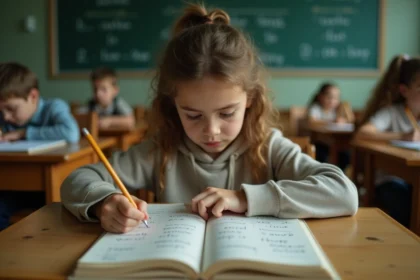 Élève de collège concentré sur des exercices de conjugaison des verbes du 2ème groupe dans un cahier de grammaire