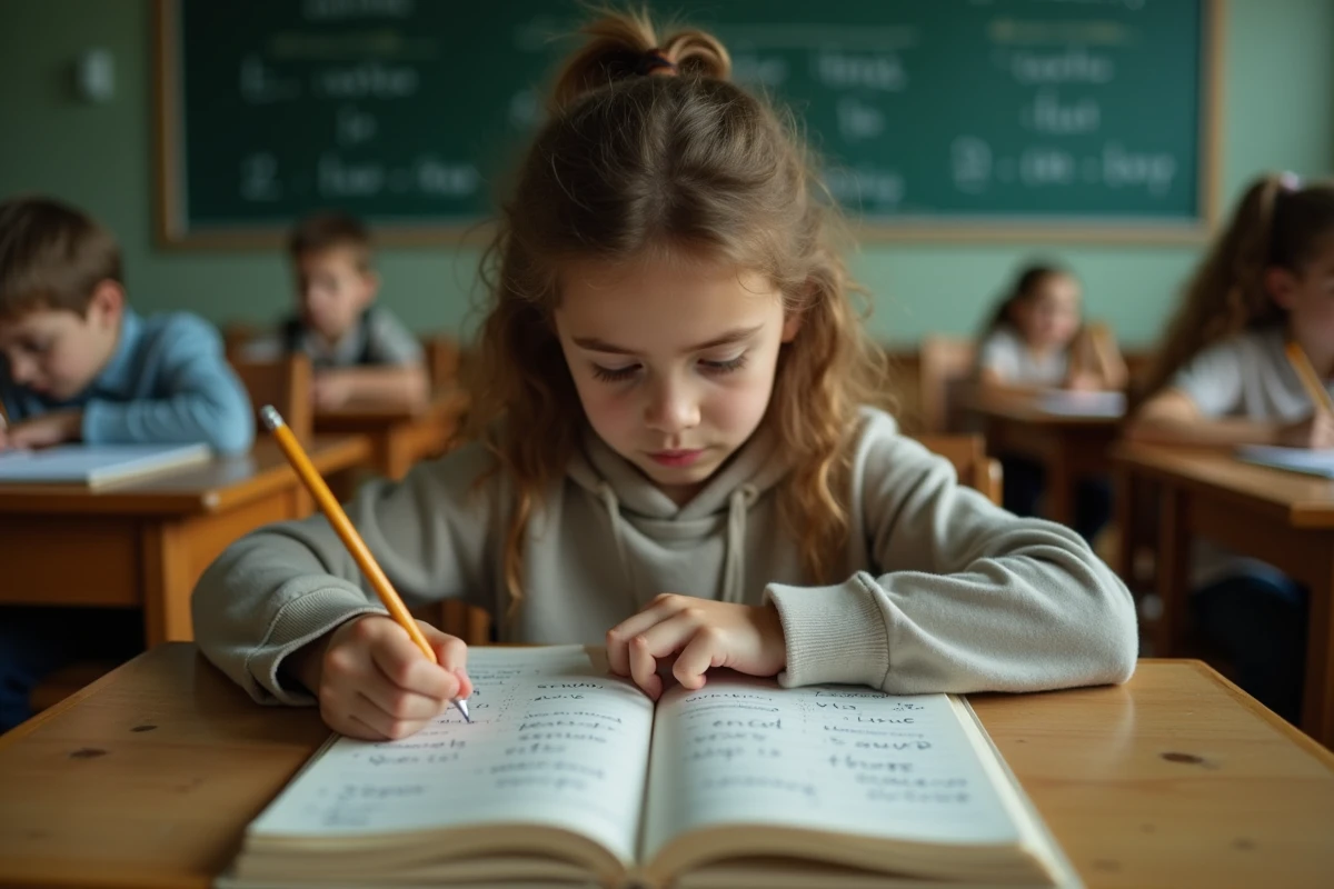 Élève de collège concentré sur des exercices de conjugaison des verbes du 2ème groupe dans un cahier de grammaire