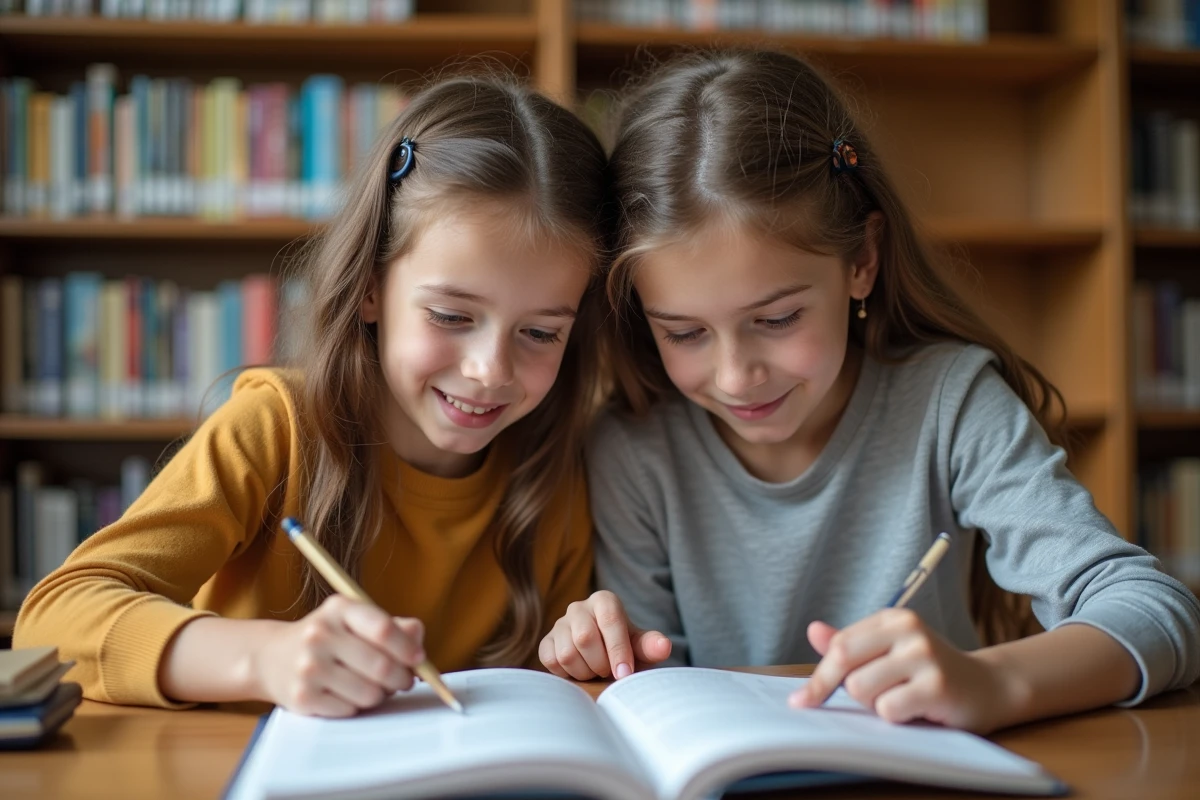 Deux élèves de collège travaillant ensemble sur les verbes du 2ème groupe dans une bibliothèque scolaire